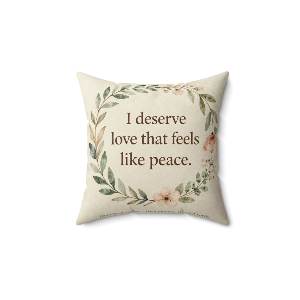 QuietBossEnergy™ Inspirational Throw Pillow – "I Deserve Love That Feels Like Peace"