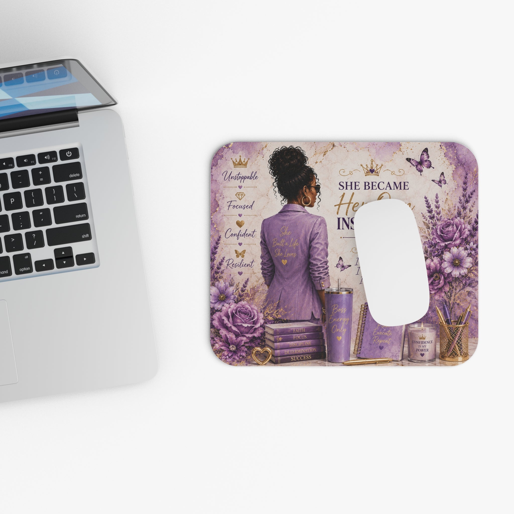 Inspirational 'She Became Her Own Inspiration' Purple Desk Mouse Pad
